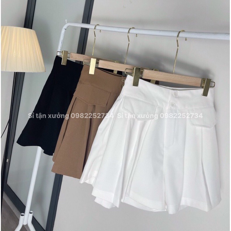 Quần short nữ 2 khuy túi nắp mẫu mới nhất, quần sooc xếp ly giả váy chất kaki lên dáng cực xinh 682