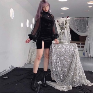 Đầm cổ tàu tay phồng