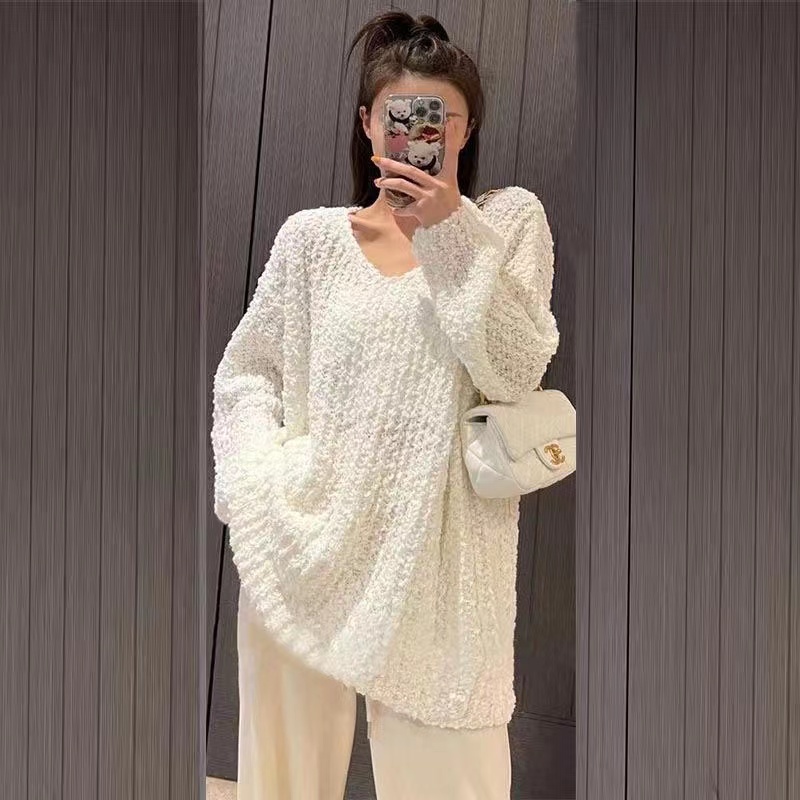 Áo Sweater Dệt Kim Cổ Chữ V Dáng Rộng Thời Trang Mùa Thu Phong Cách Hàn Quốc Cho Nữ