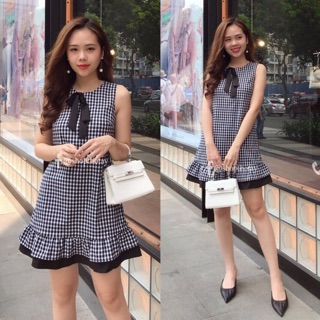 [Kèm ảnh thật]🍒Đầm caro suông nơ cổ bèo lai (Free/big size XL, 2XL)