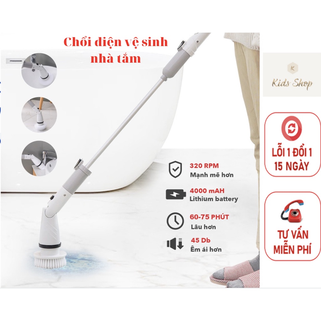(XẢ HÀNG - GIẢM 100K) Máy cọ chà sàn vệ sinh nhà tắm tự động không dây với 4 đầu thay thế - H1010