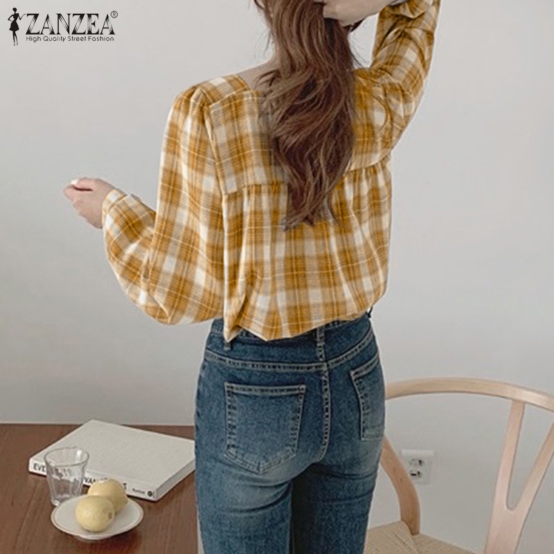 Áo kiểu nữ Zanzea cổ vuông tay dài họa tiết kẻ ô thanh lịch thời trang