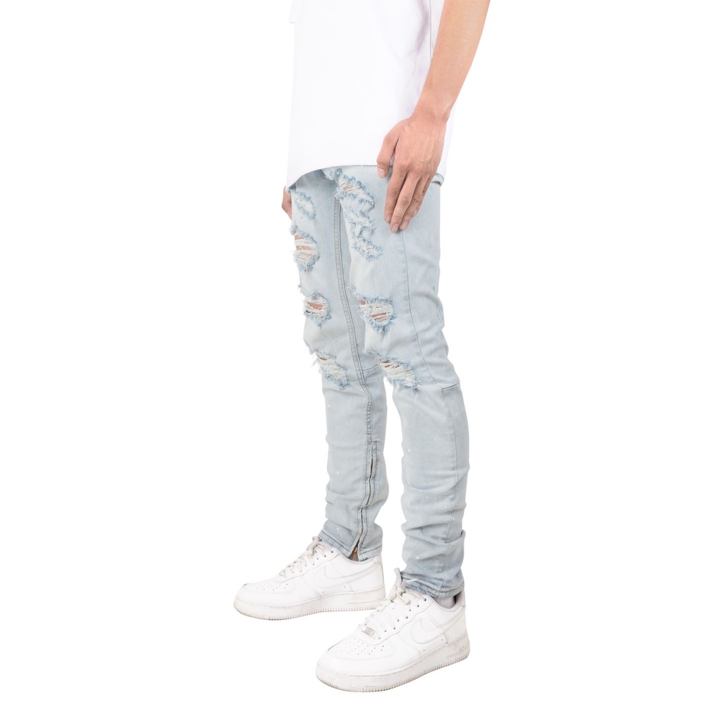 Quần jean nam streetwear cao cấp FNOS Z26 màu xanh rách gối form slimfit có zip jean co giãn