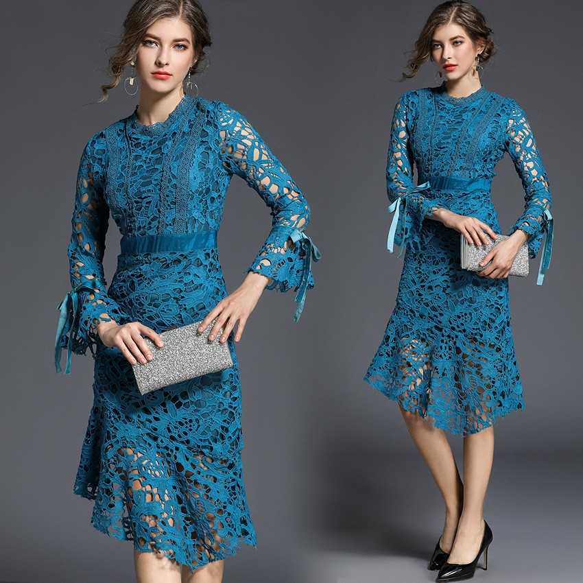 Real Shot Women's High Quality Lace Midi Blue Party Dress