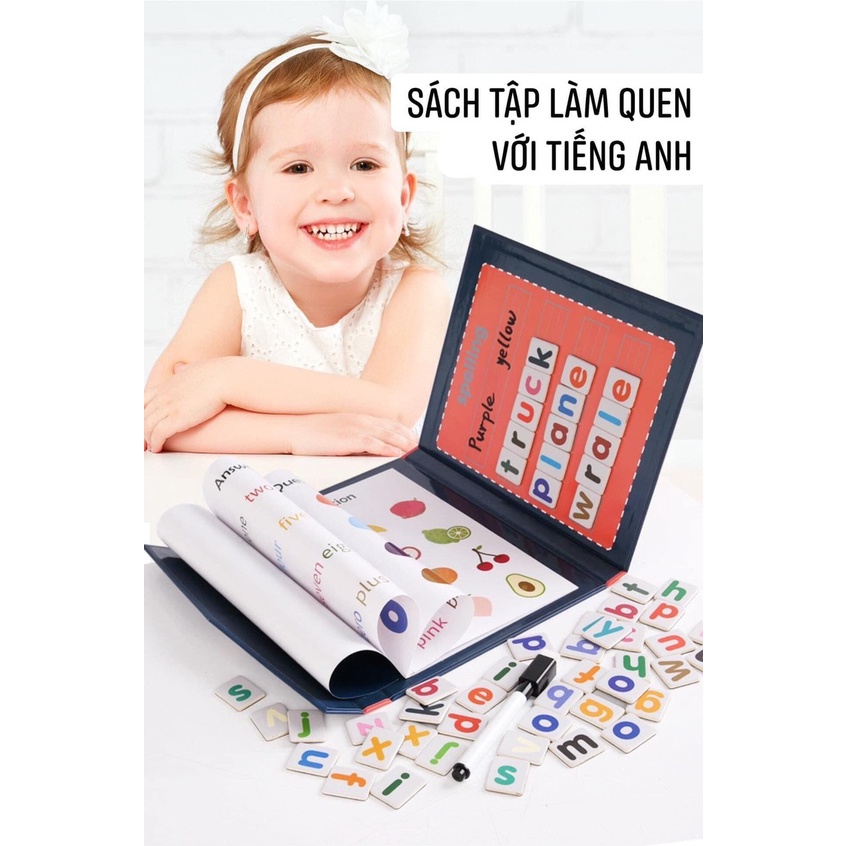 Spelling Game - Bộ sách nam châm ghép chữ và số cho bé, tặng kèm bút lông có đầu xoá, học từ vựng tiếng Anh 8 chủ đề