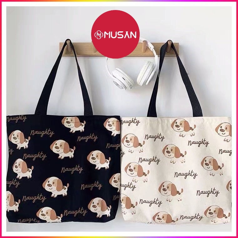 Túi tote vải canvas cao cấp đeo vai Cún Con Naughty khổ vuông cute