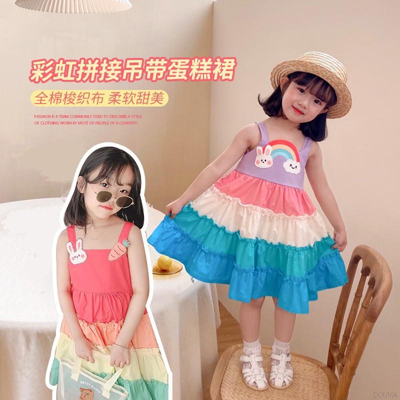 Đầm Kiểu Chắp Vá Hoạ Tiết Hoạt Hình Màu Cầu Vồng Dễ Thương Cho Bé Gái