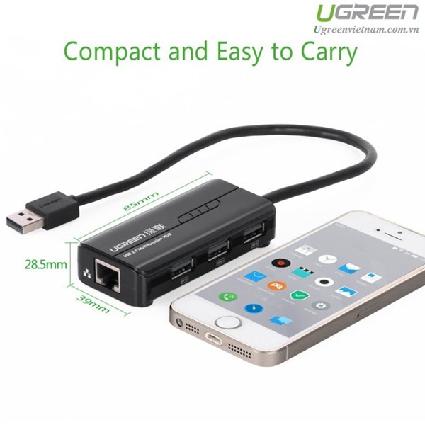 Bộ chia 3 cổng USB 2.0 kèm cổng mạng Ethernet 10/100Mbps Ugreen 20264 Chính hãng