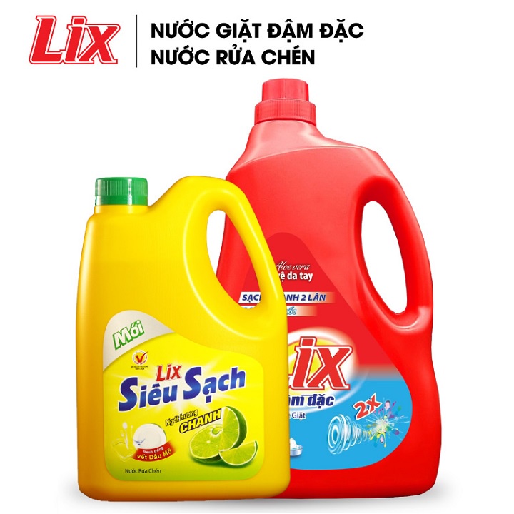 COMBO Nước giặt Lix đậm đặc hương hoa 2Kg + Nước rửa chén Lix siêu sạch hương chanh 1.4Kg (COMBO 5)