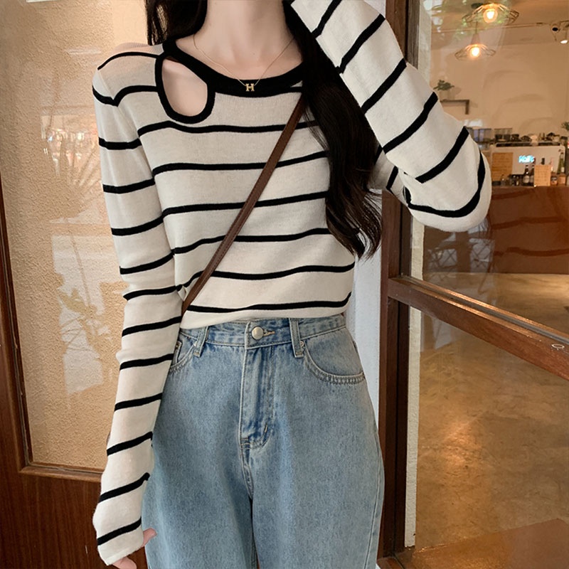 Áo Thun Tay Dài Dệt Kim Họa Tiết Sọc Trắng Đen Thời Trang Hàn Quốc Cho Nữ
