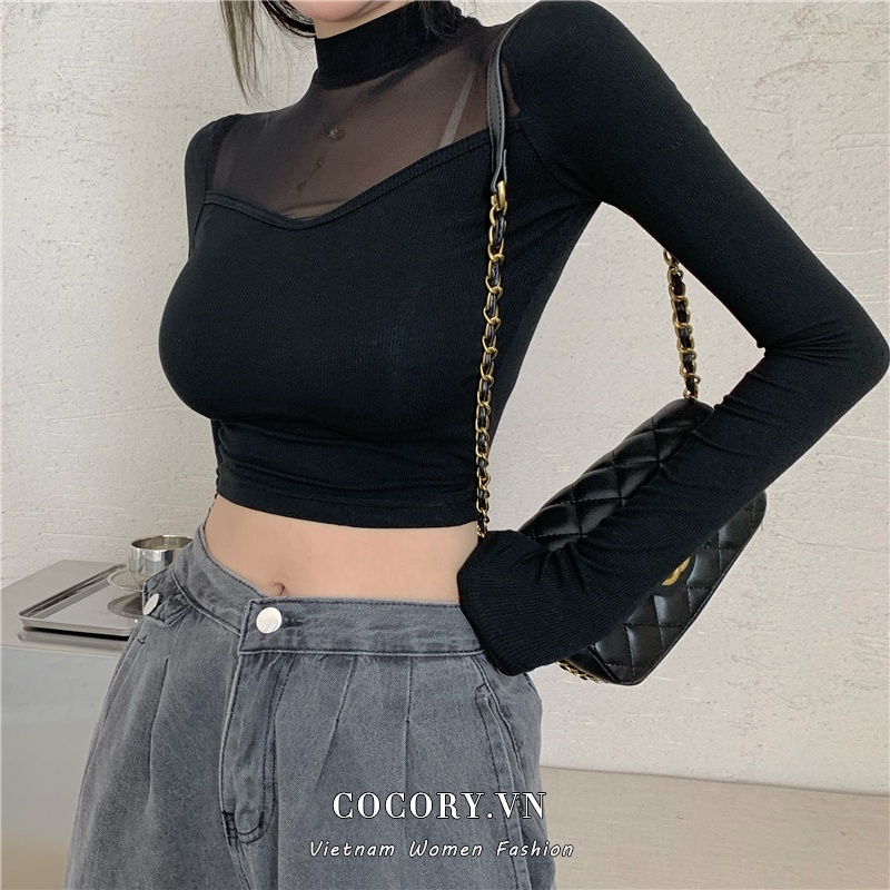 Áo Croptop Tay Dài Phối Lưới Thời Trang Cho Nữ