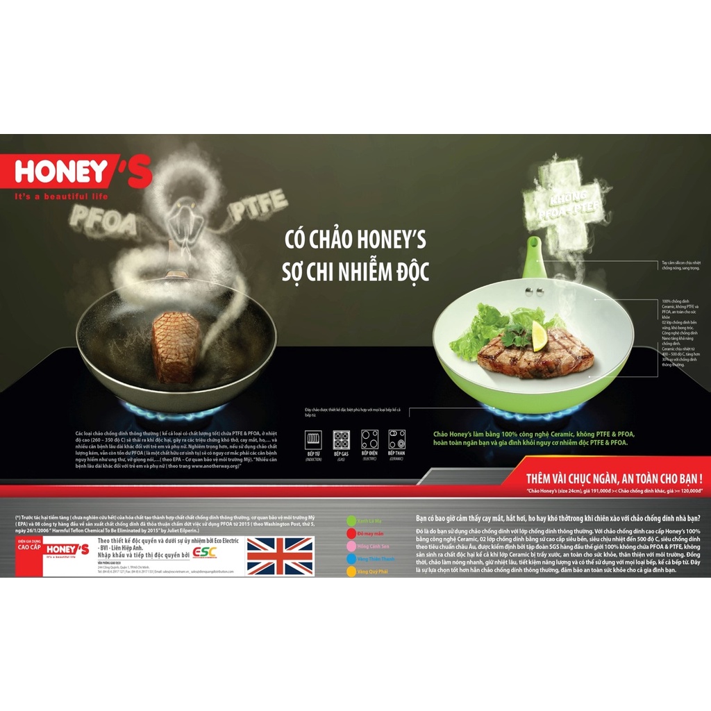 Chảo chống dính ceramic bếp từ Honey's size 22 cm - HO-AF1C223, chất chống dính an toàn sức khỏe, bền, không bong tróc
