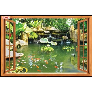 Tranh dán tường cửa sổ 3d tranh phong cảnh hồ cá Koi in Vải Lụa