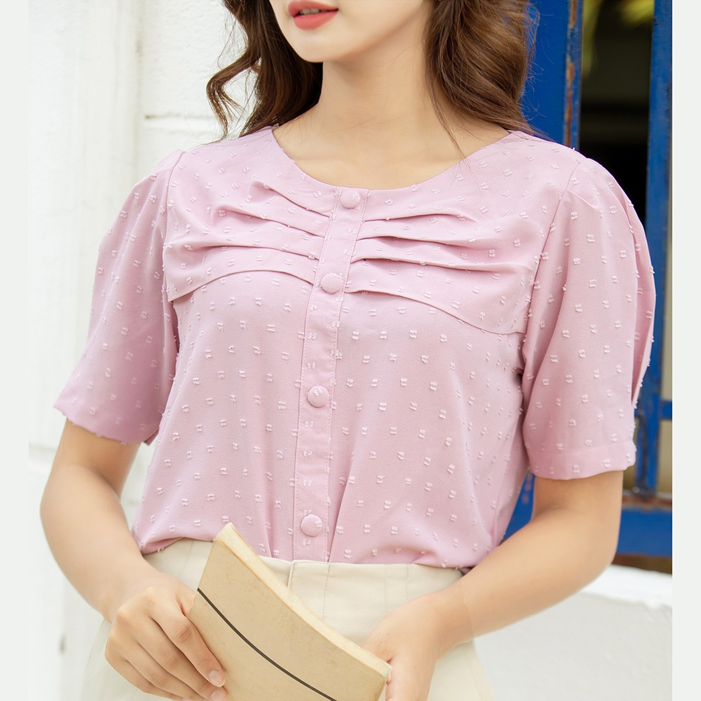 Áo nữ kiểu sơ mi công sở thiết kế thời trang Eden cổ tròn phối nút xếp li ngực chất vải mềm mịn thoáng mát - ASM158