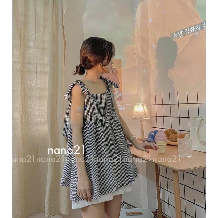 Set Hai Dây Kẻ Xốp Buộc Nơ Kèm Quần Short Trắng Nữ - Sét Đồ Ulzzang Áo Baby Doll Kẻ Caro 3 Màu Siêu Xinh