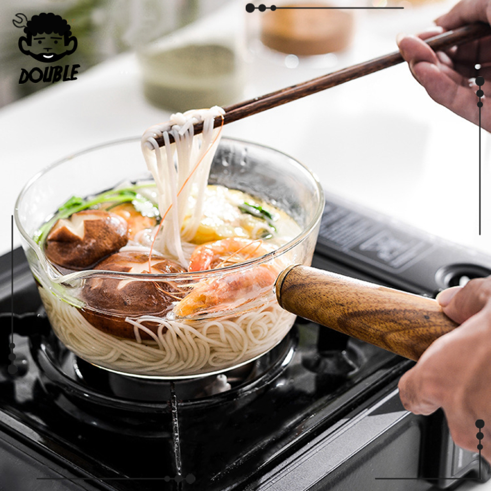 Nồi Thủy Tinh Có Tay Cầm Gỗ Chịu Nhiệt Chống Dính Dùng Nấu Mì/Sữa/Salad/Trà Sữa Cho Bé
