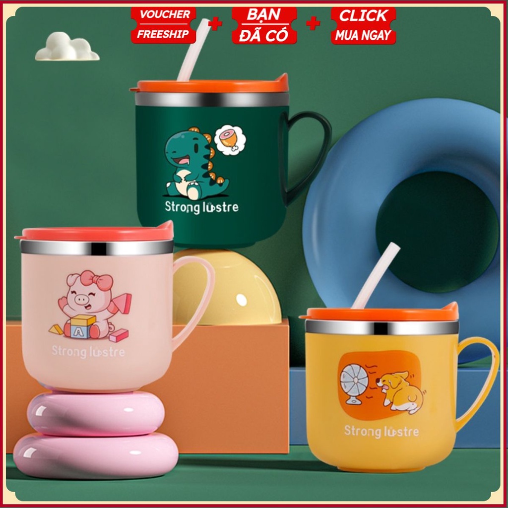 PVN39818 Cốc Uống Sữa Cách Nhiệt Bằng Thép Không Gỉ 304 Có Nắp Và Ống Hút Chống Bỏng Hình Dễ Thương Cho Bé .