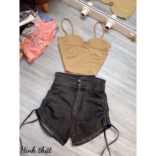Quần đùi nữ from ôm nâng vòng ba lưng cao BASIC dây rút hai bên chất jean dày mịn hàng chuẩn shop