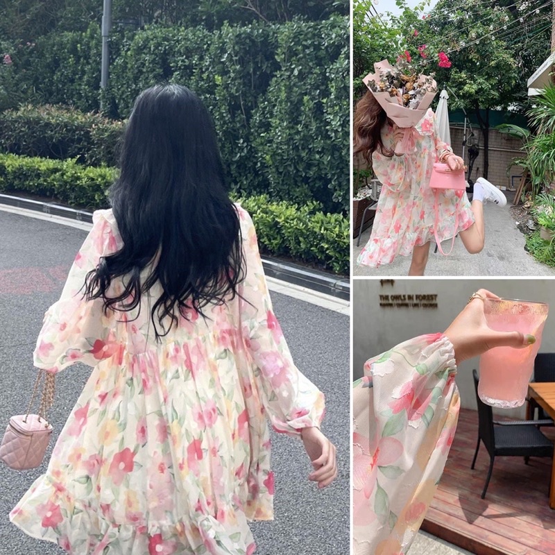 Đầm - Váy babydoll voan 2 lớp dáng ngắn dài tay cổ bèo hoạ tiết hoa cỏ ngọt ngào