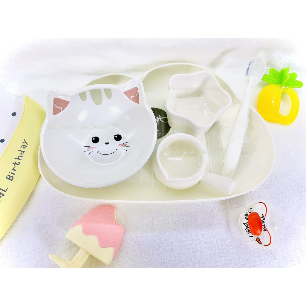 Combo 5 món khay ,thìa , bát sứ ăn dặm cho bé siêu cute màu trắng - nhiều mẫu