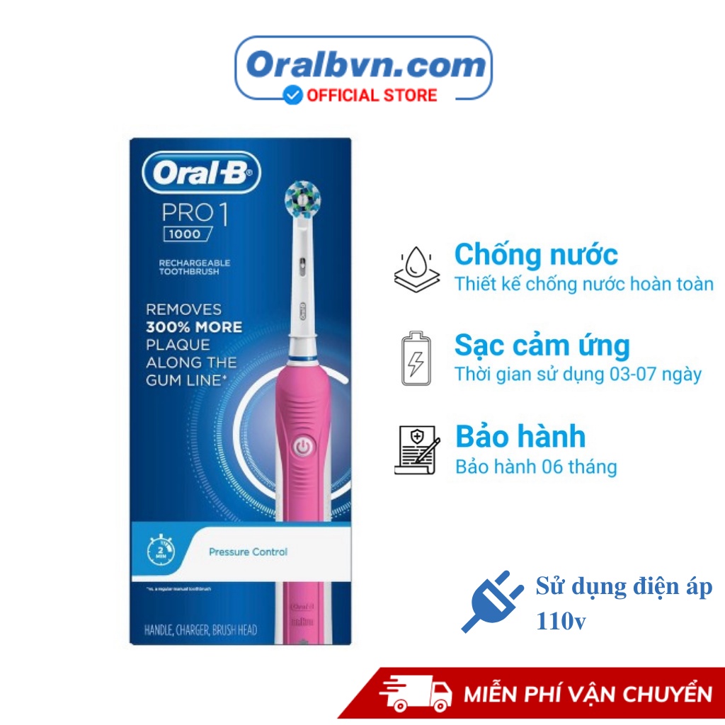 Bàn chải đánh răng điện tự động Oral B Pro 1000 màu hồng làm sạch răng, hạn chế viêm nướu, cho răng niềng