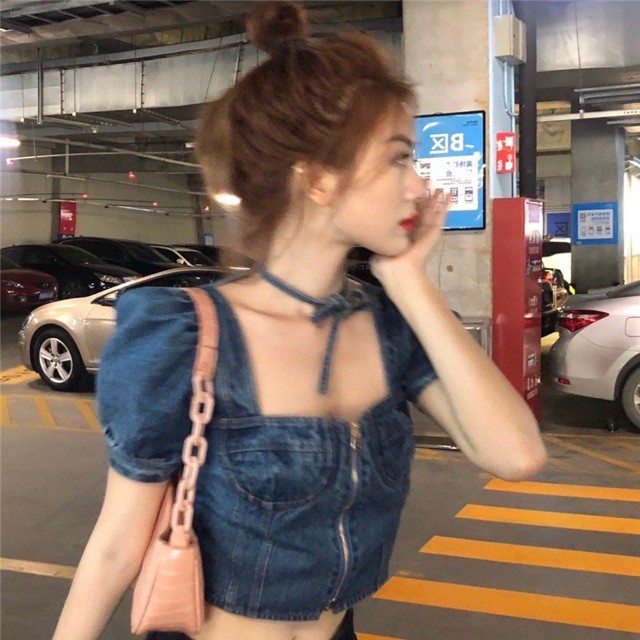 JH Áo croptop denim jean phối nơ chocker liền áo mẫu mới