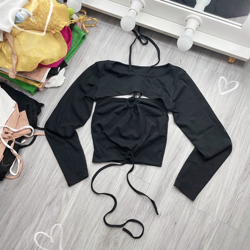 Set 2 Món Croptop Áo Dây Rút Eo Mặc 2 kiểu Kèm Áo Úp Ngược Tay Dài