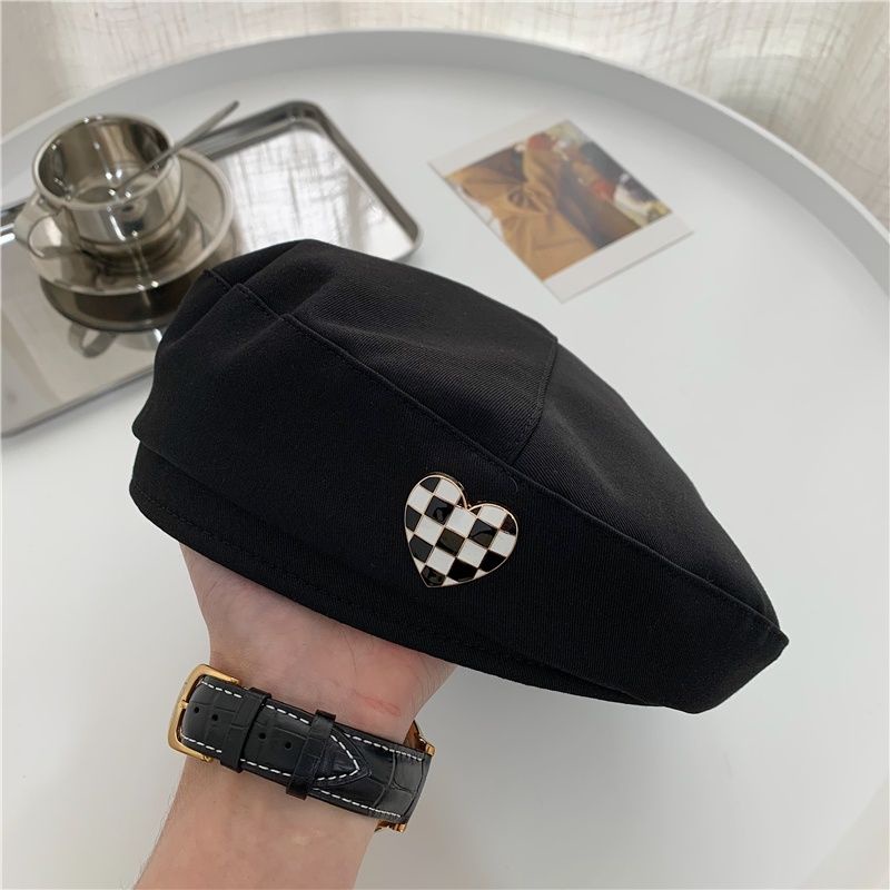 Mũ Beret Tag Hình Trái Tim Họa Tiết Caro