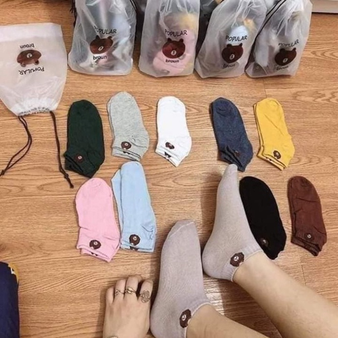 Combo 10 đôi tất nữ cổ ngắn hình gấu kute tặng kèm túi rút