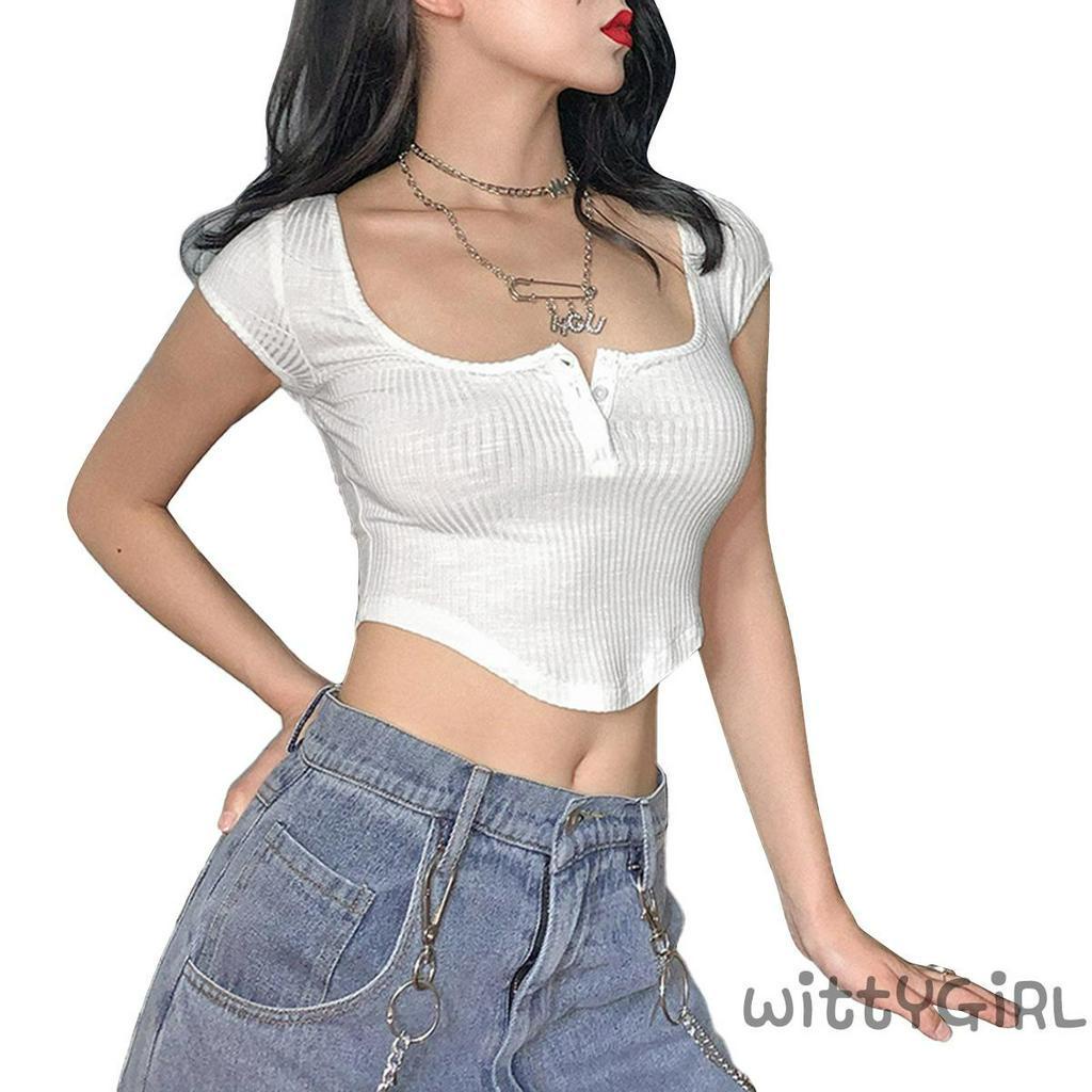 Áo Croptop Ngắn Tay Cổ Chữ U Màu Trơn Cài Nút Thời Trang Mùa Hè Cho Nữ