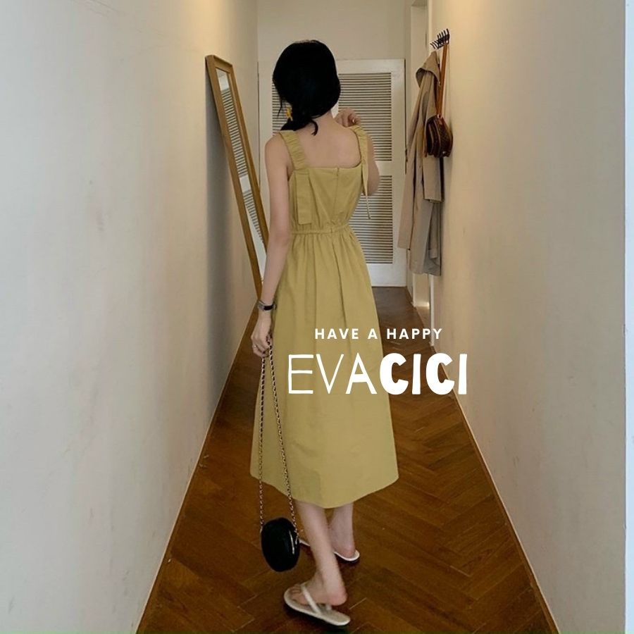 Váy 2 dây bản chun to , dáng dài, túi vuông basic, chun lưng, vải đũi trơn mát mẻ