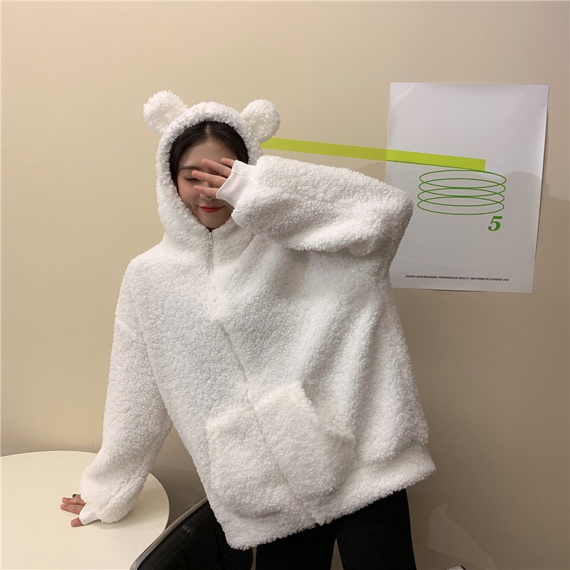 Áo khoác hoodie nỉ bông xù mũ lông tai gấu chuột nữ đáng yêu