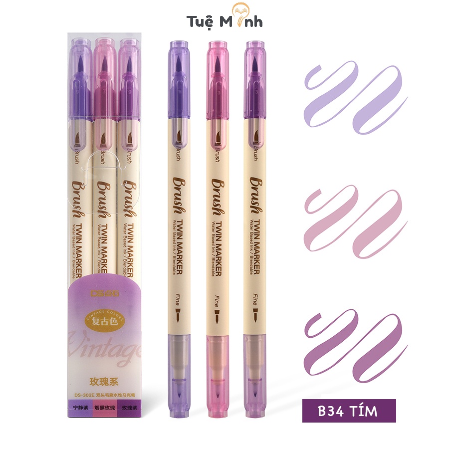 Bộ 3 bút brush 2 đầu Twin Marker B34 ngòi lông + ngòi fine trang trí bullet journal