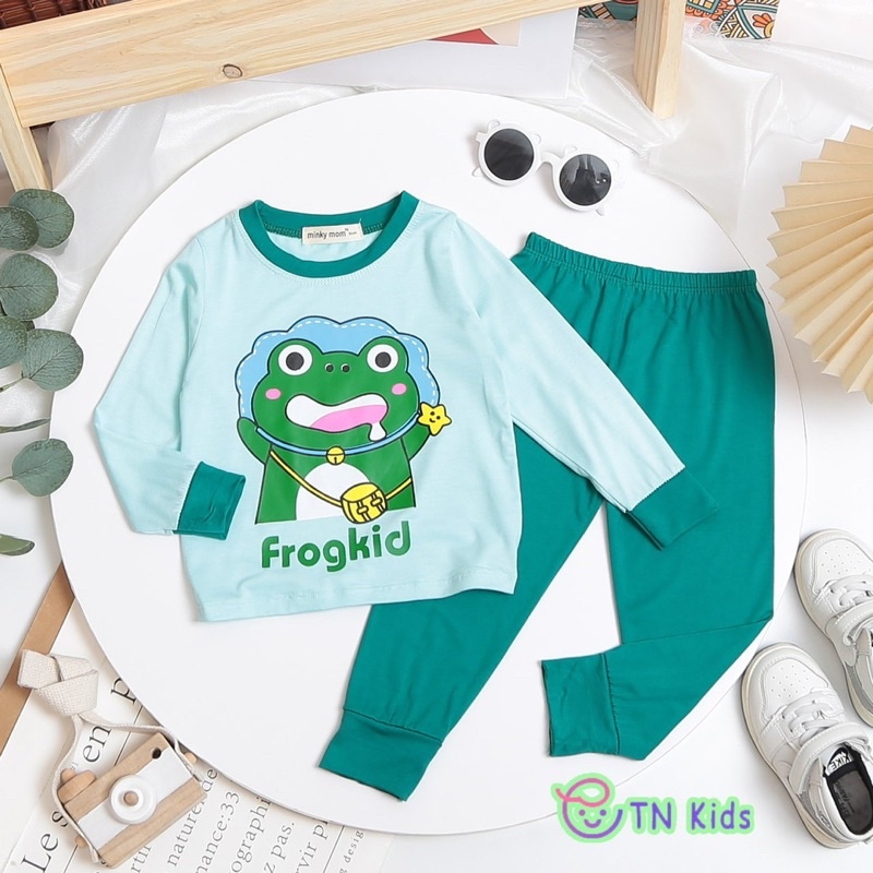 NT084 Bộ dài tay thun lạnh Minky Mom in hoạ tiết con vật dễ thương phối viền màu cho bé trai, bé gái