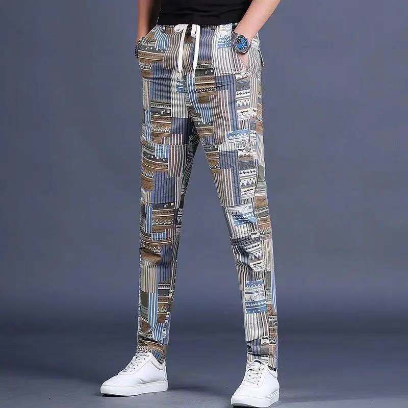 Korean fashion Decor versatile pants summer new Plaid casual pants men's slim little foot printed Sweatpants