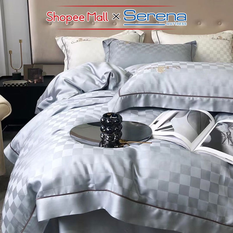 Ga giường Đẹp 5 Món Lụa Thêu SERENA Cao Cấp Bộ Combo Trần Bông Chăn Ra Grap Drap Gối Nệm Trải Phủ Giường Chính Hãng