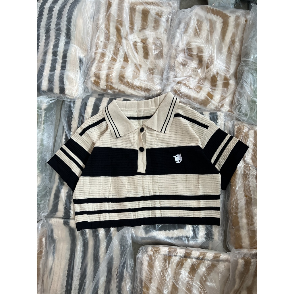 Áo len ngắn tay mongtoghi kẻ ngang cổ polo