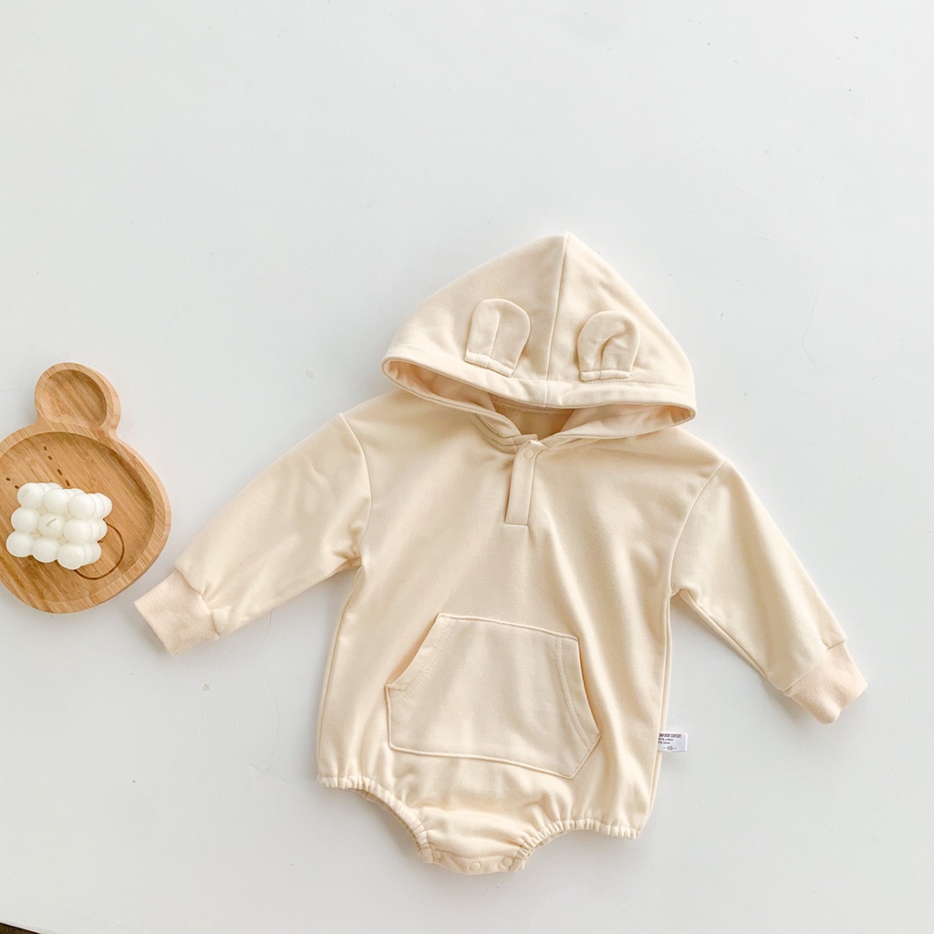 Áo liền quần tay dài thiết kế mũ trùm đầu kiểu tai gấu đáng yêu dành cho bé sơ sinh