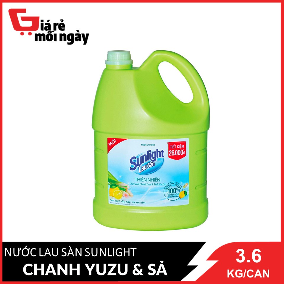 Nước lau sàn Sunlight Thiên nhiên chiết xuất Chanh Zuzu &amp; Sả Can 3.6KG