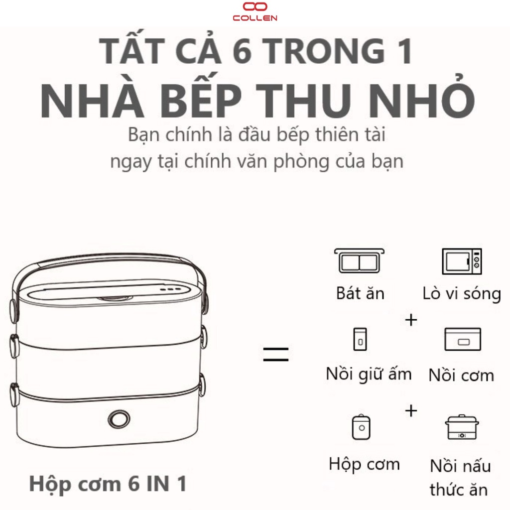 hộp cơm cắm điện văn phòng 2 tầng 4 ruột nồi inox có thể nấu ăn, giữ nhiệt, hâm nóng, hộp cơm 6in1 COLLEN LIFE