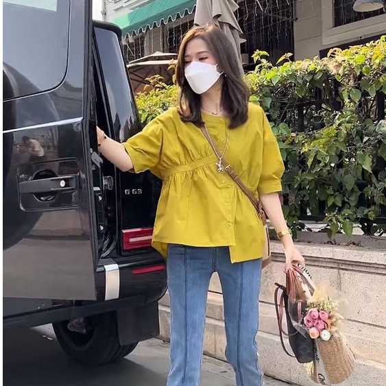 Áo sơ mi nữ áo kiểu nữ thiết kế cách điệu nhún chun eo form rộng rãi thoải mái chất liệu mềm mịn PANOSI - A213