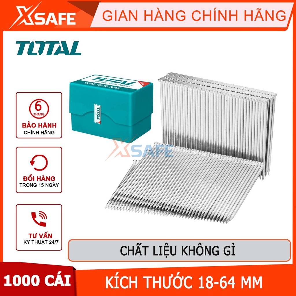 Đinh bấm bê tông TOTAL chiều dài 18-64mm, 1000 chiếc/hộp, đầu đinh 6.4x2.2mm, đường kính 2.2mm - chính hãng