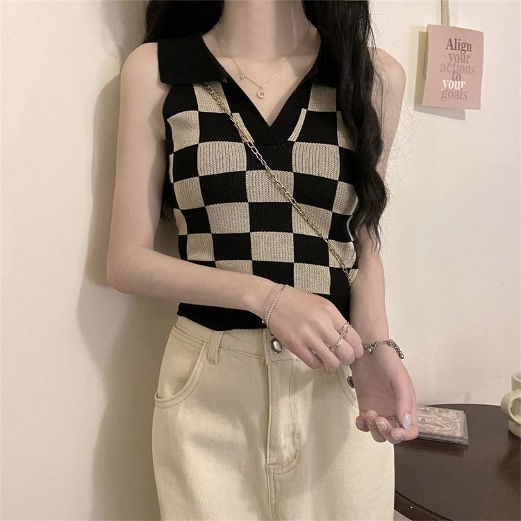 Áo Thun Polo Dệt Kim Kẻ Caro 185755 Áo Hai Dây Dáng Ôm Phong Cách Hàn Quốc Thời Trang Mùa Hè