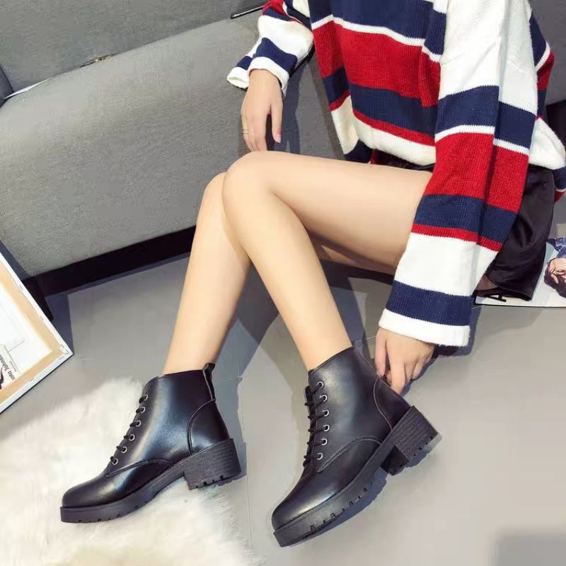 Bốt Martin Cao Cổ Nữ Dây Buộc Retro Đế Cao 5cm