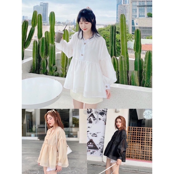 Áo babydoll voan 2 lớp 2 khuy ngực bồng bềnh tiểu thư