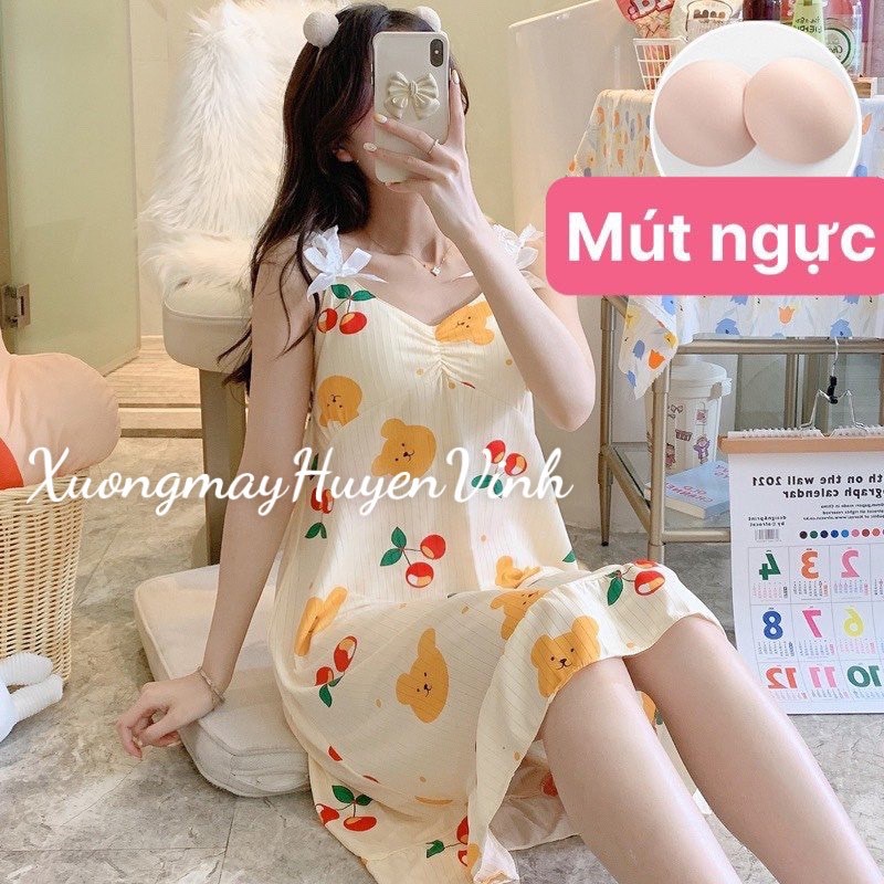 Đầm ngủ xinh 2 dây quai ren đính nơ kèm đệm ngực chất thun sữa mềm mát V292