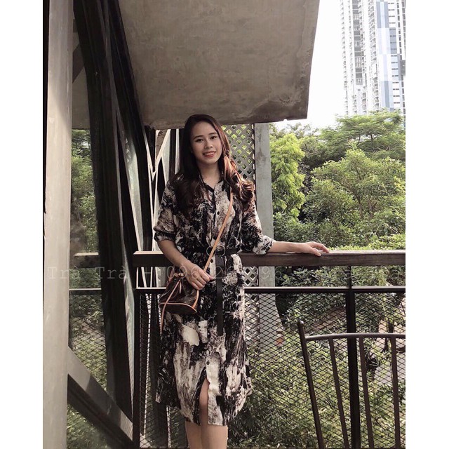 Váy Sơ Mi Dáng Dài Họa Tiết Lụa Loang Xinh Xắn