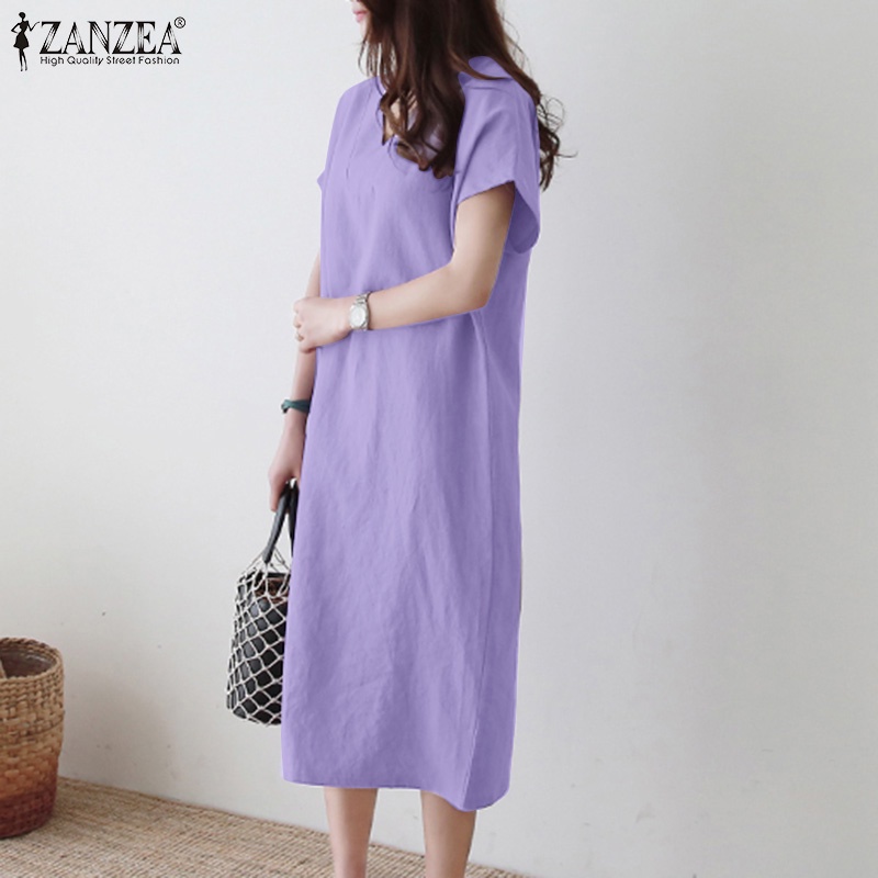 Đầm midi ZANZEA tay ngắn cổ chữ V màu trơn phong cách cổ điển thanh lịch dành cho nữ