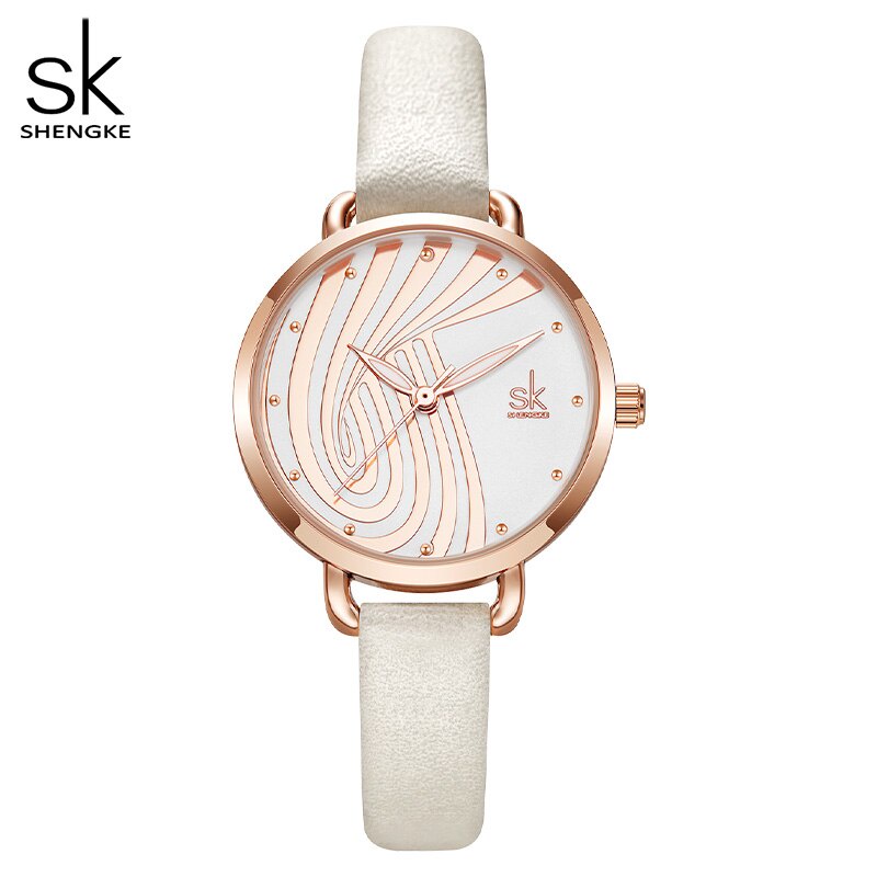 Đồng hồ Shengke K0153 máy Quartz Nhật Bản dây đeo da có thể điều chỉnh phối màu trắng cho nữ