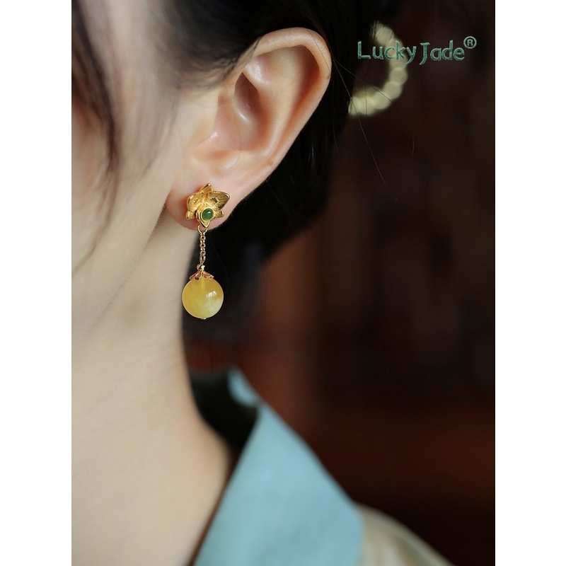 Khuyên Tai Bạc Đính Đá Hổ Phách Cao Cấp Phong Cách Trung Hoa Cho Nữ